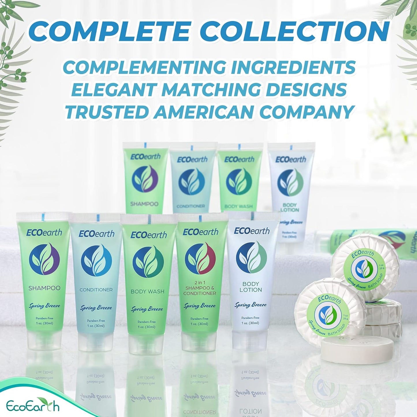 EcoEarth Hotel Toiletries Bundle - Spring Breeze 5-Piece Set | 1 oz Each, 250 Pieces of Soap, Shampoo, Conditioner, Lotion & Wash
