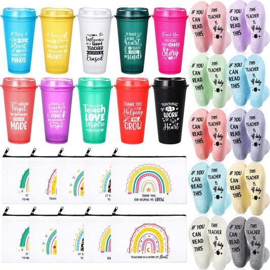 Funnymoom 30 Pieces Teacher Gifts Bulk,Graduation Back to School Day Appreciation Week Gift 16oz Plastic Coffee Tumbler with Lids Teacher Makeup Bags Crew Socks for Women Coworker(Classic)