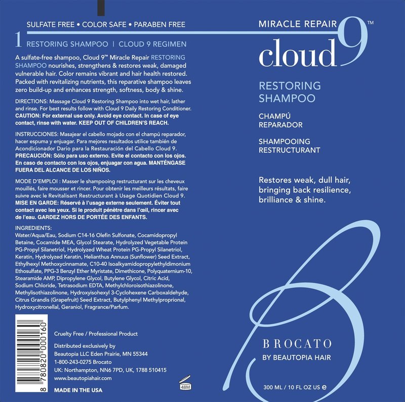 Brocato Cloud 9 Restoring Shampoo, 10 Fl Oz | Miracle Repair, Moisturizing, Hydrate, & Revitalizing Shampoo | For Weak, Dull, & Damaged Hair | Restore Resilience, Health & Shine