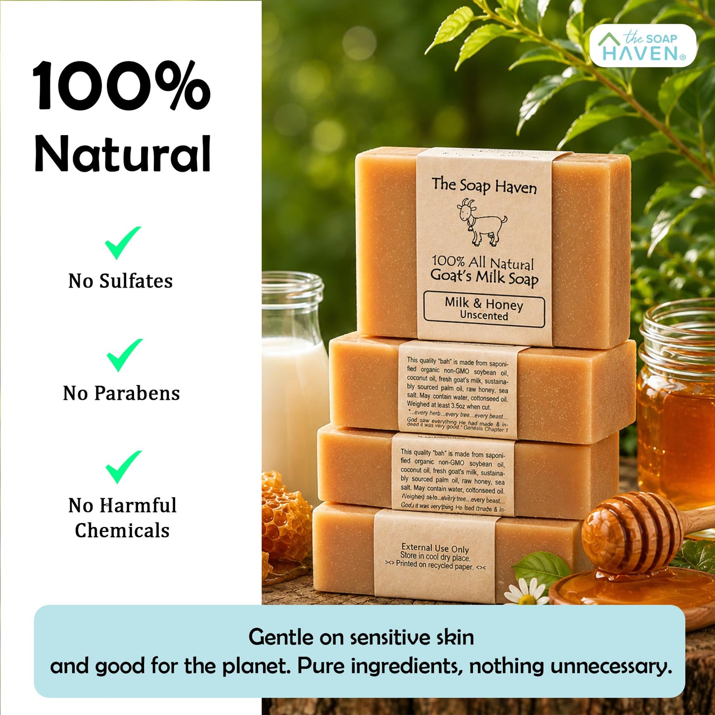 4 Goat Milk Soap Bars with Honey - Handmade in USA. All Natural Soap, Unscented, Fragrance Free, Fresh Goats Milk. Wonderful for Sensitive Skin and Babies. SLS, Paraben, GMO-Free