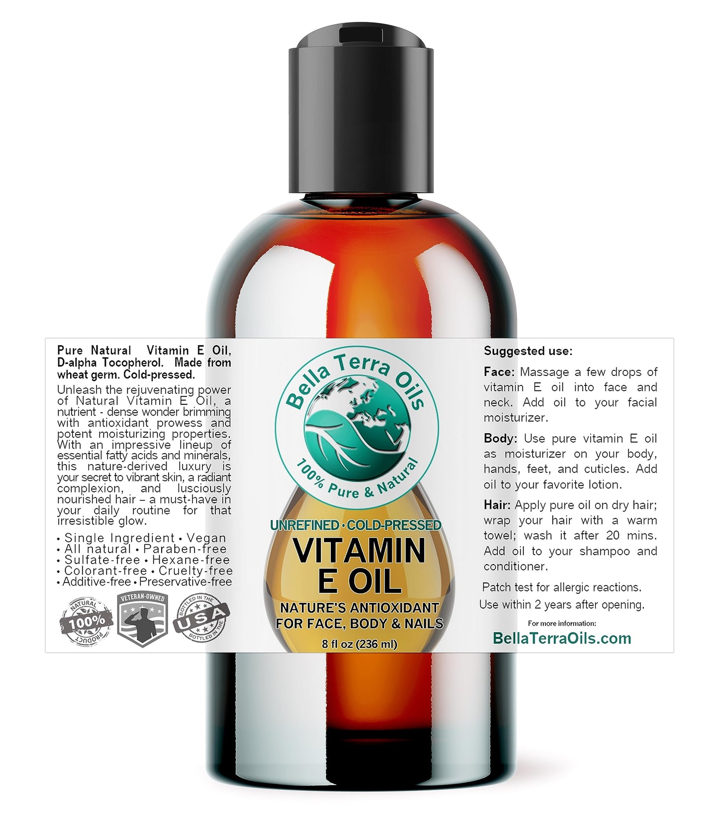 Bella Terra Oils Natural Vitamin E Oil 8oz – Moisturizing Wheat Germ Oil for Face, Body & Hair Care