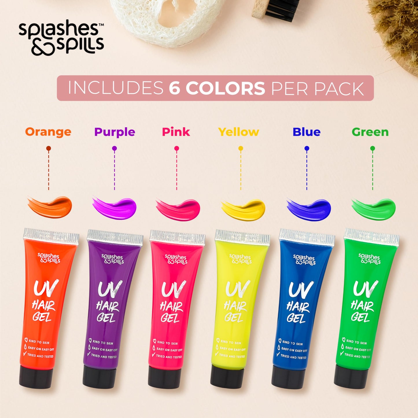 UV Neon Hair Gel Set - 6 Bright Non-Toxic Colors with Black Light Glow for Raves, Parties, Clubs, Halloween Costume - Non-Toxic Temporary Wash Out Color - by Splashes and Spills