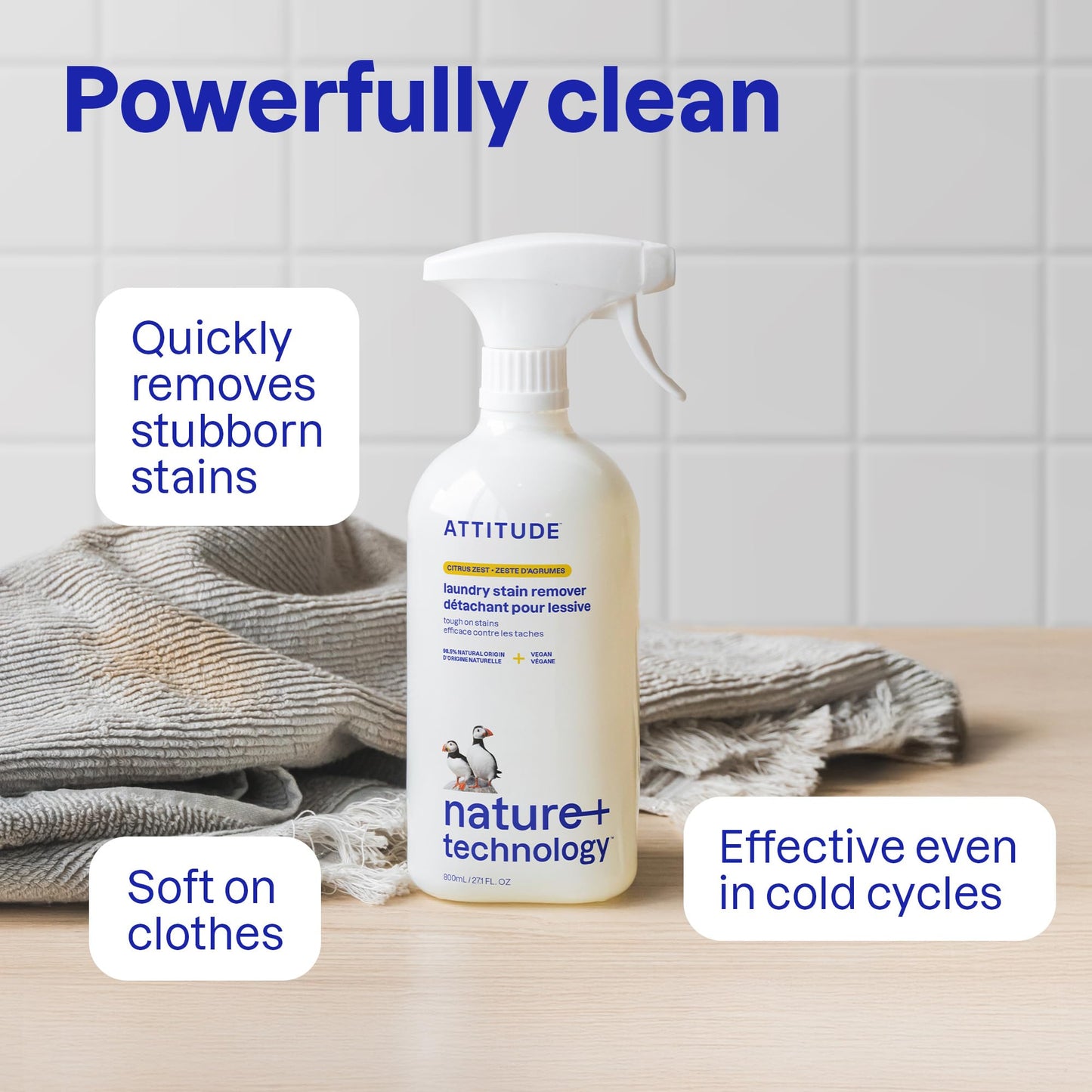 ATTITUDE Stain Remover Spray for Laundry, Removes Odors & Stains, Plant-Based & Vegan, Citrus Zest Scent, 27.1 Fl Oz