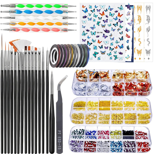 Nail Art Design Tools - 3D Decorations Kit with Brushes, Dotting Tools, Holographic Stickers, Nail Foil Tape, Rhinestones and Pick-Up Tweezers