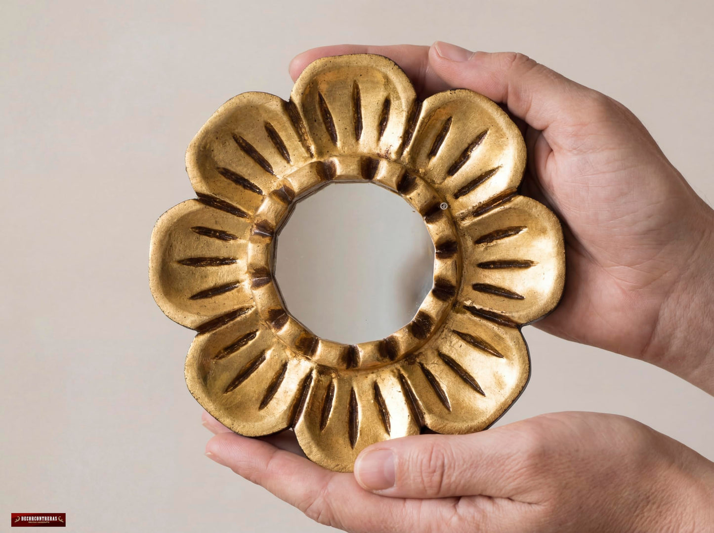 DecorContreras Peruvian Gilded Bronze Leaf Round Mirror 6”- Luxury Hand-Carved Wood Flower Wall Art - Small Space Art
