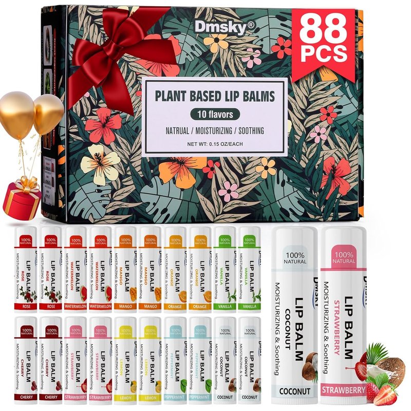 Lip Balm Variety Pack - 88 Natural Moisturizing Balms for Dry Cracked Lips | 10 Flavors for Men, Women & Kids