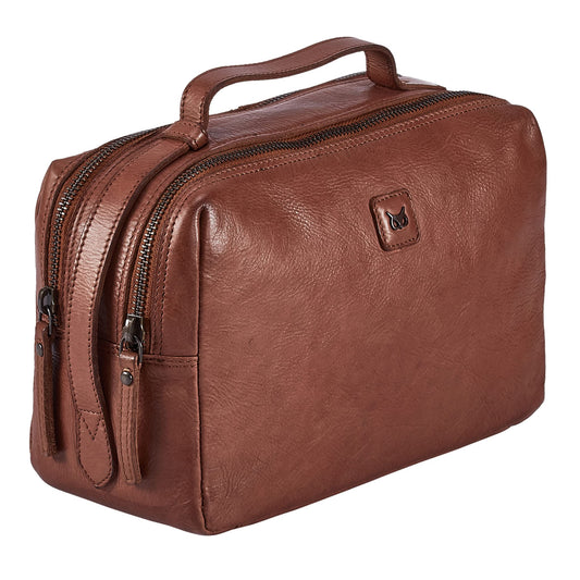 Wise Owl Accessories Real Leather Toiletry Bag Dopp Kit for Men Women Travel Shaving Pouch Organiser With Waterproof Lining Double Compartment Cosmetic Case Gift (Cognac)