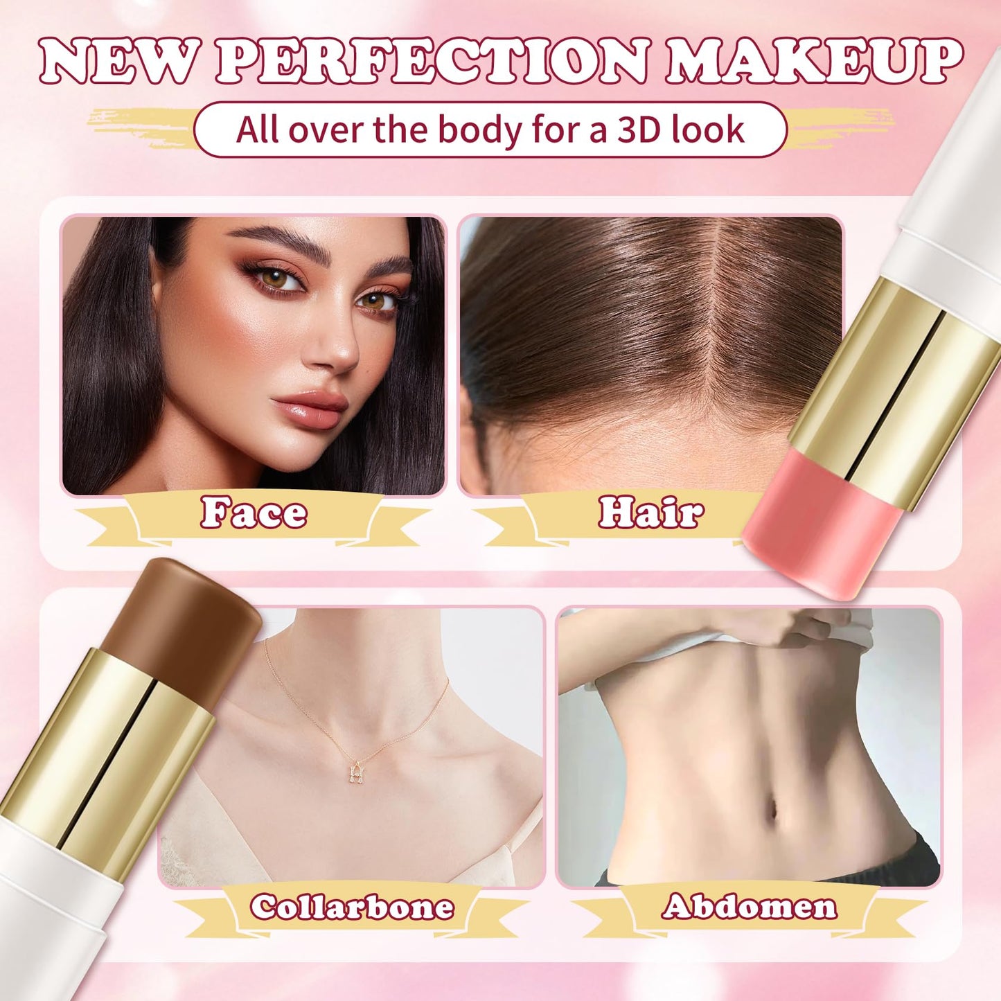 6 Pcs Cream Contour Stick Makeup Kit, Shades with Highlighter, Bronzer and Blush Sticks for Sculpt the Face All Skin Type, with Brush, Makeup Sponge, Buildable for Beginner Professional Set A