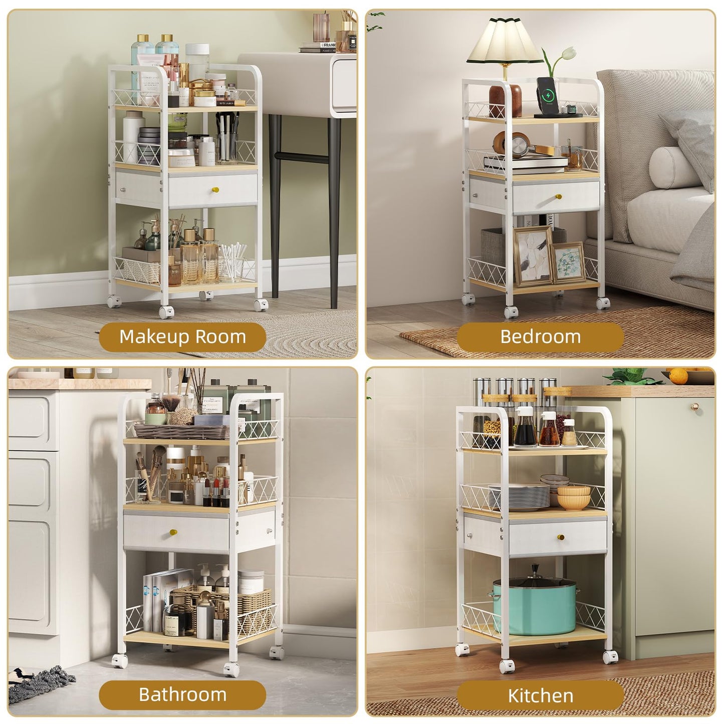 Makeup Organizer Rolling Cart with Drawer, Makeup Organizer on Wheels, Rolling Makeup Bathroom Storage Cart, Cosmetics Display for Nail Polish Makeup Brush