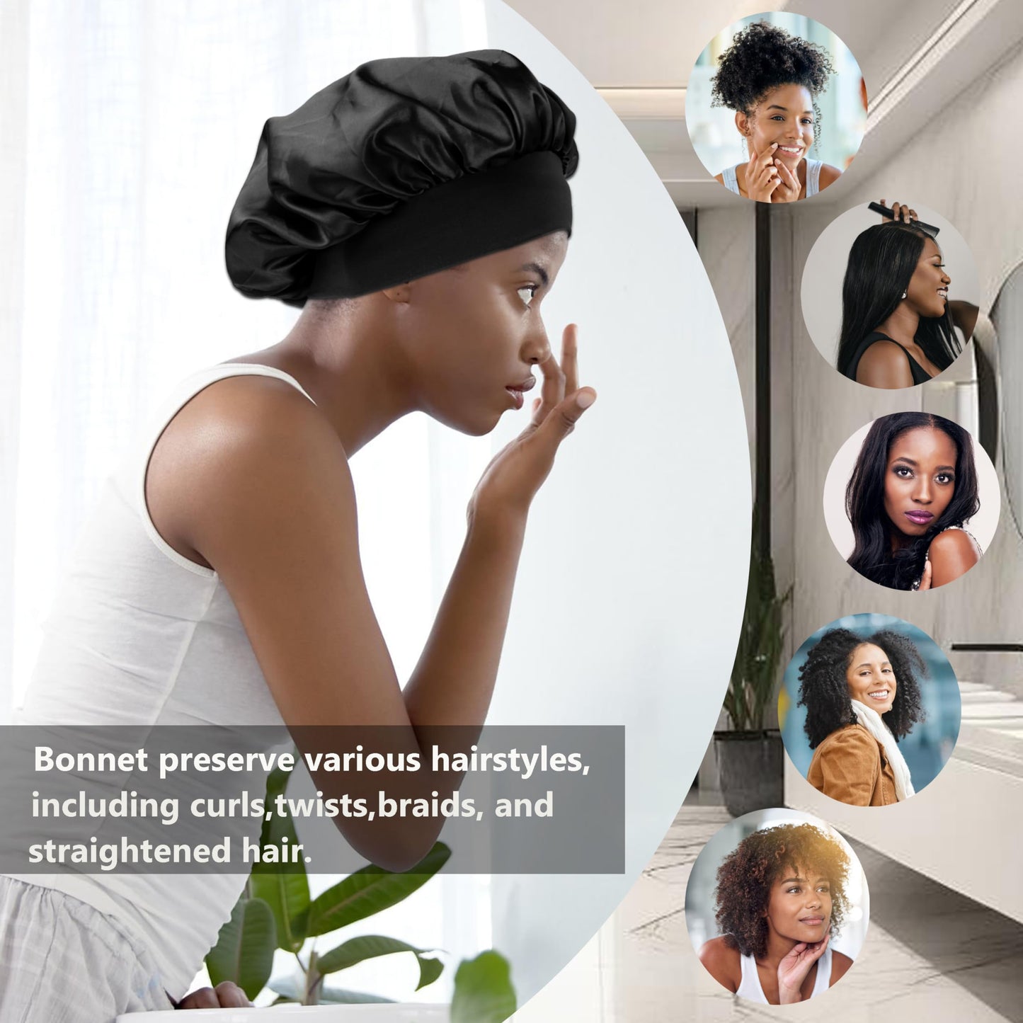 12 Pieces Satin Bonnet Hat For Women Sleeping Shower Caps Curly Hair Silky Bonnet Hair Wrap (Black)