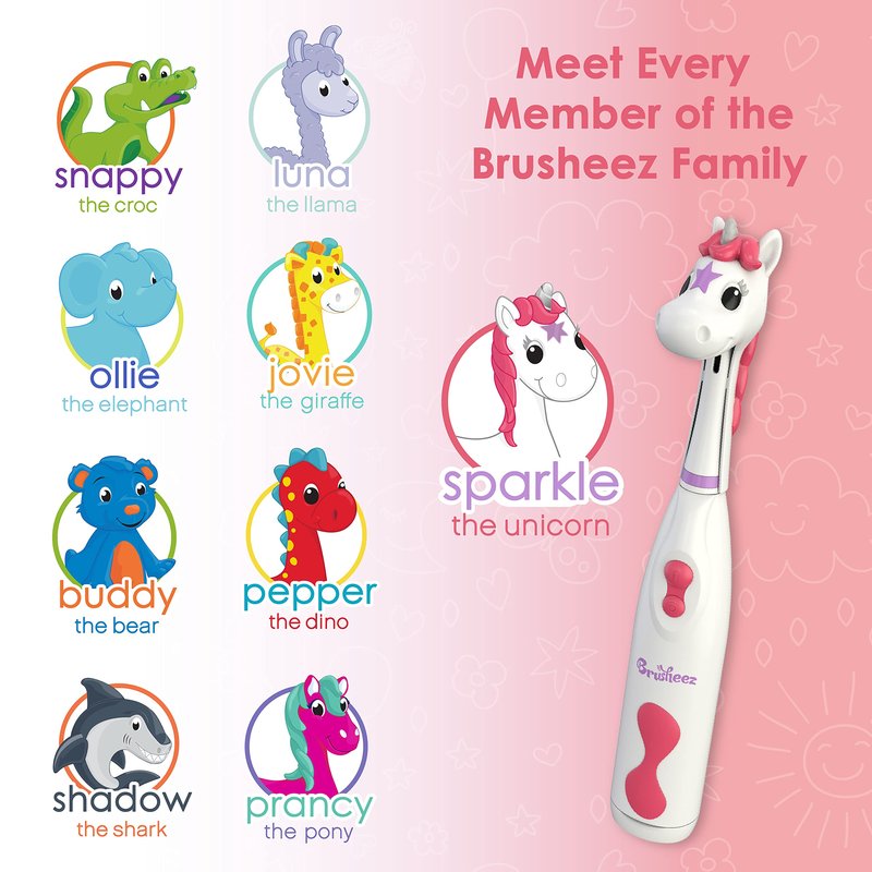 Brusheez Kids’ Electric Toothbrush Set - Safe & Effective for Ages 3+ - Parent Tested & Approved with Gentle Bristles, 2 Brush Heads, Rinse Cup, 2-Minute Timer, & Storage Base (Sparkle the Unicorn)