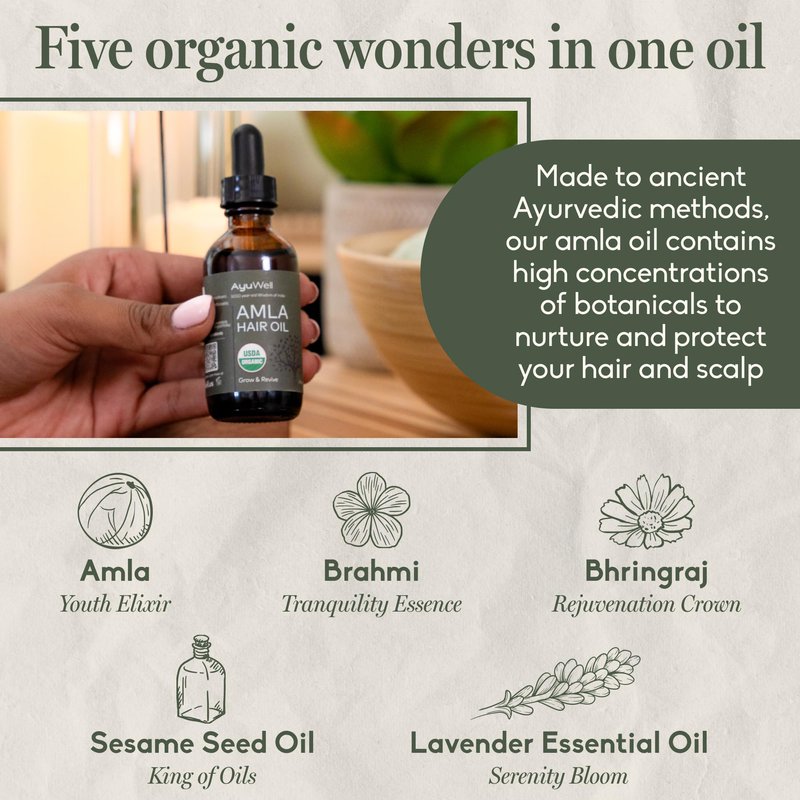 Ayuwell Ayurvedic Hair Oil, Potent & Lightweight Amla Indian Hair Growth Oil — USDA & All Hairs Types — For Nourishing Scalp w/Non-GMO Bhringraj, Brahmi, & Lavendar For Growth + Balanced Health, 2 oz