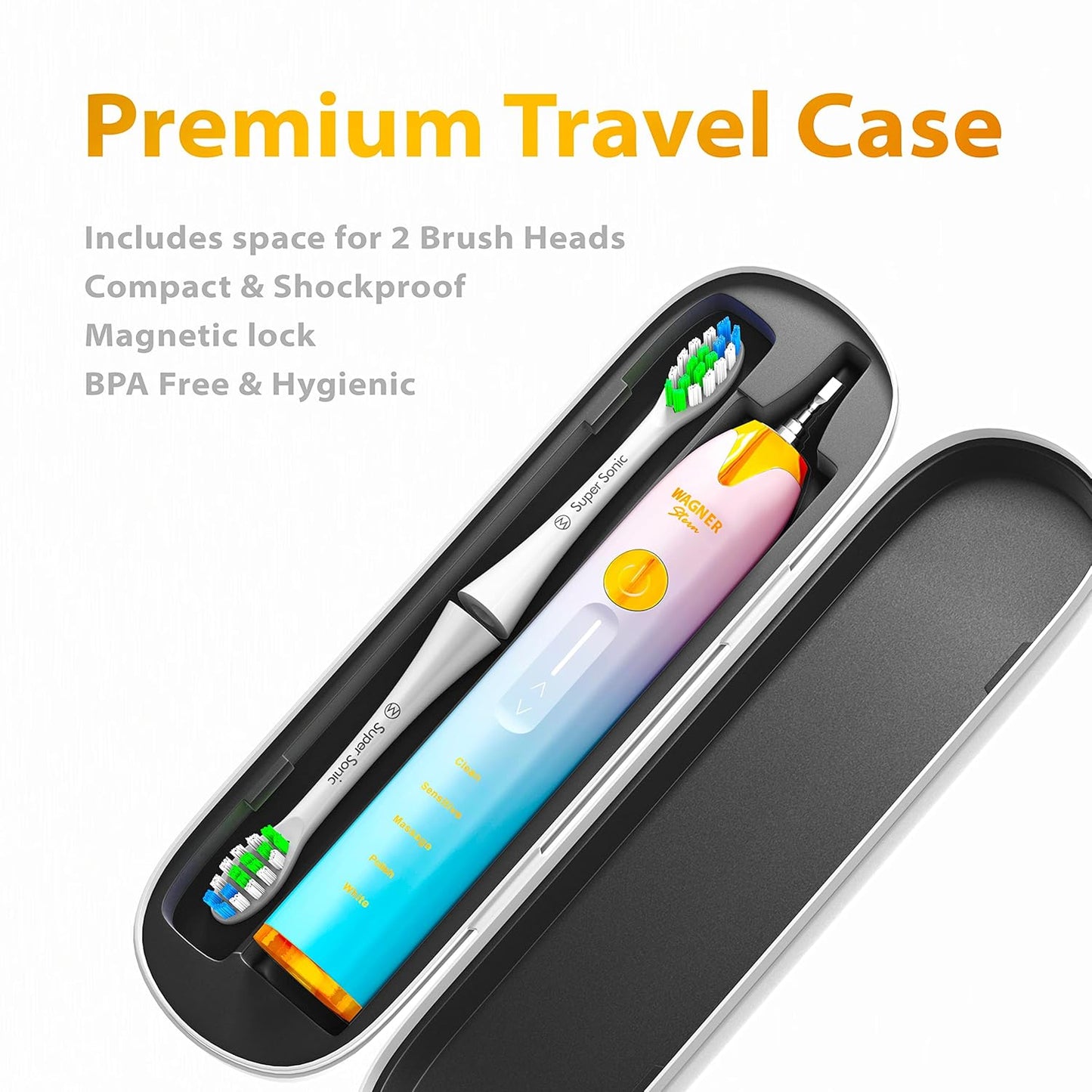 Wagner Stern Ultrasonic Whitening Toothbrush - 5 Modes, 4 Intensity Levels, Travel Case & 8 Soft Bristles