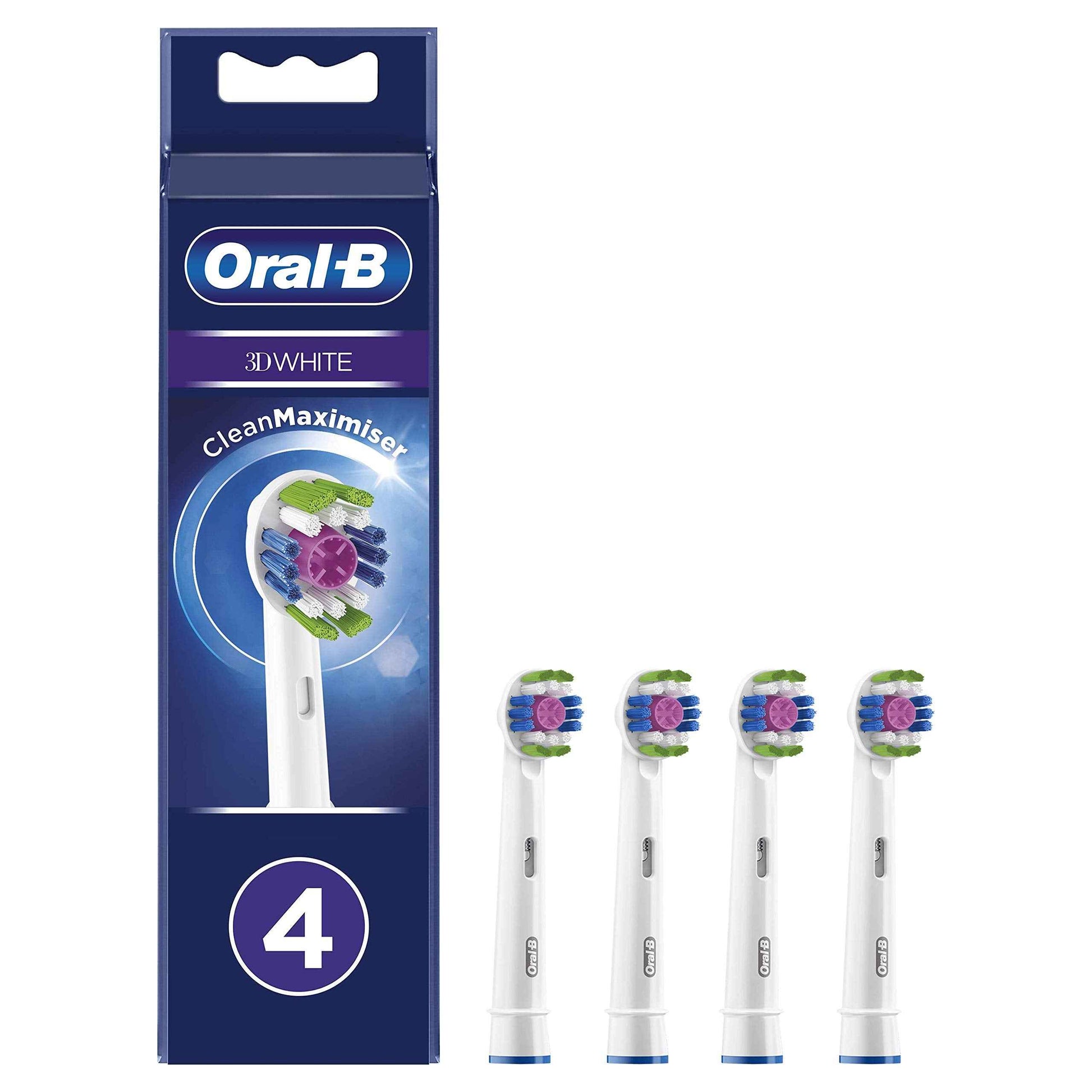 Oral-B 3D White Electric Toothbrush Head with CleanMaximiser Technology, Angled Bristles for Deeper Plaque Removal, Pack of 4, White