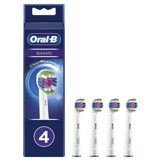 Oral-B 3D White Electric Toothbrush Head with CleanMaximiser Technology, Angled Bristles for Deeper Plaque Removal, Pack of 4, White