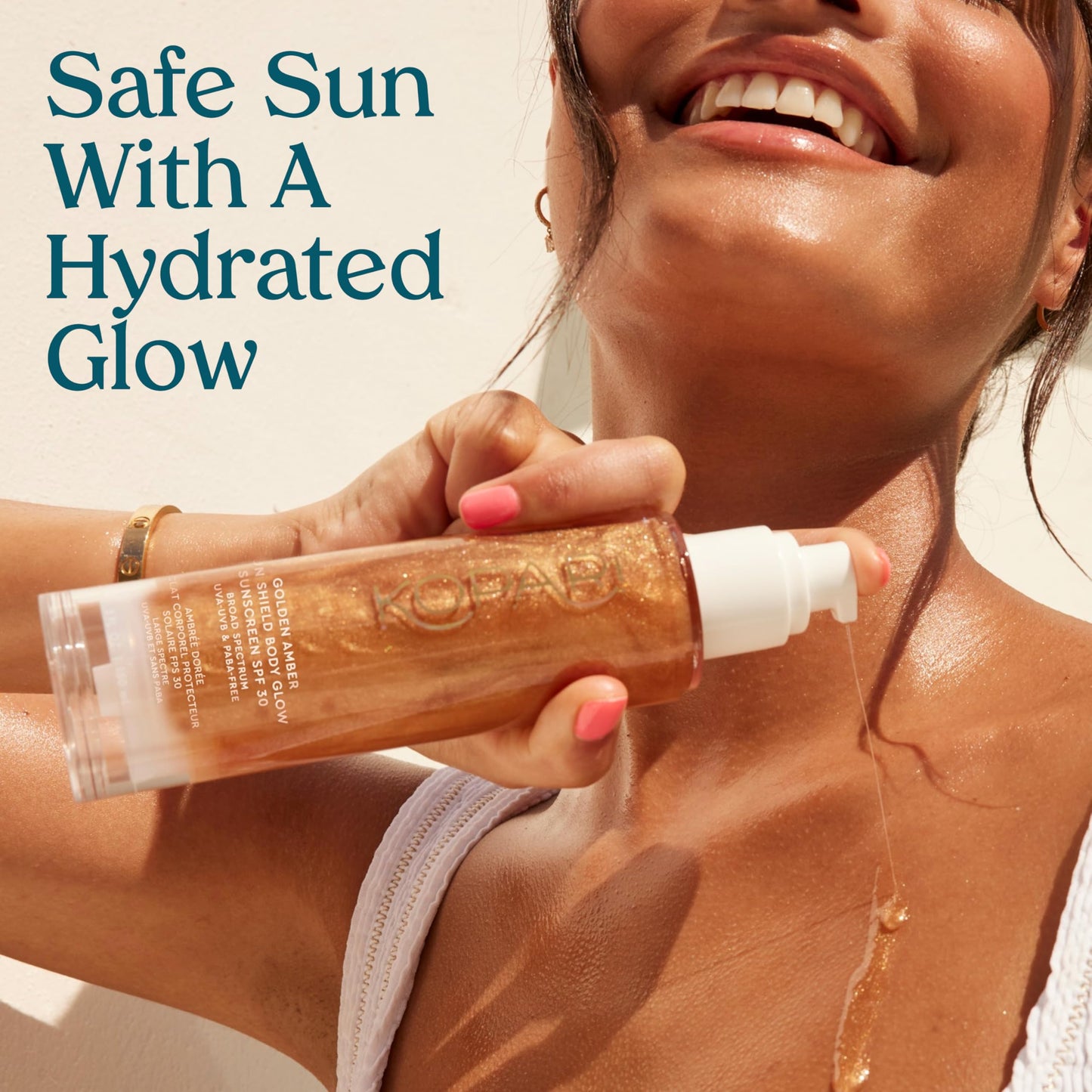 Kopari Sun Shield Body Glow, Broad Spectrum SPF 30, Lightweight Shimmering Gel Texture Absorbs Quickly, Non Sticky, Glowing Results, Golden Amber 5 oz