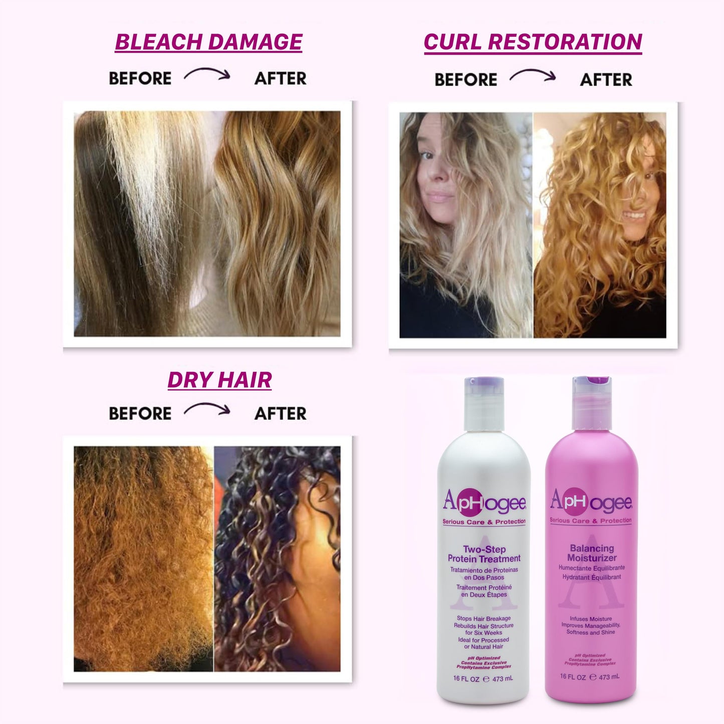 Aphogee Hair Care Double Bundle – Two-Step Protein Treatment (16 fl oz) & Balancing Moisturizer (16 fl oz)