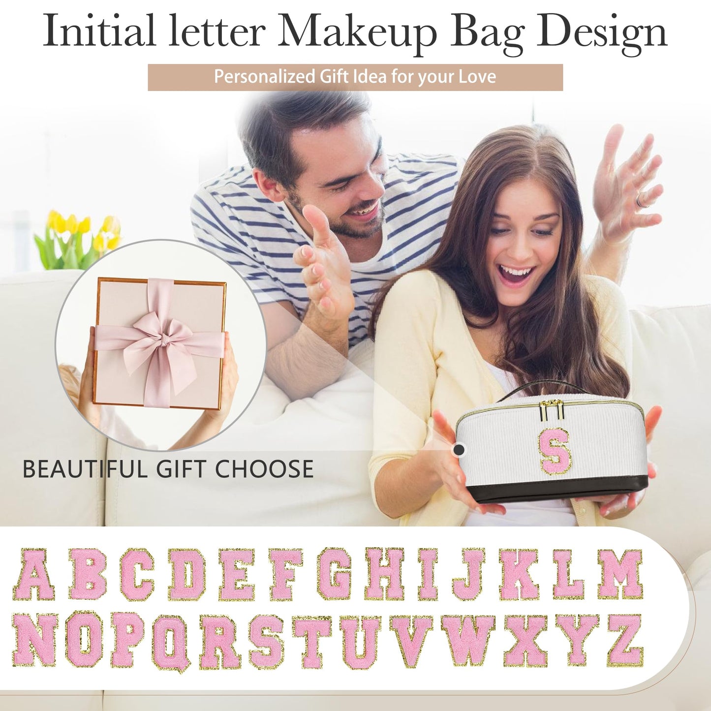 2pack Personalized Initial Travel Makeup Bag,Leather Waterproof Large Capacity Cosmetic Bags,Monogram Open Flat Toiletry Bag Make up Organizer Perfect for Women,Teen Girls,Birthday Gifts(Black M)