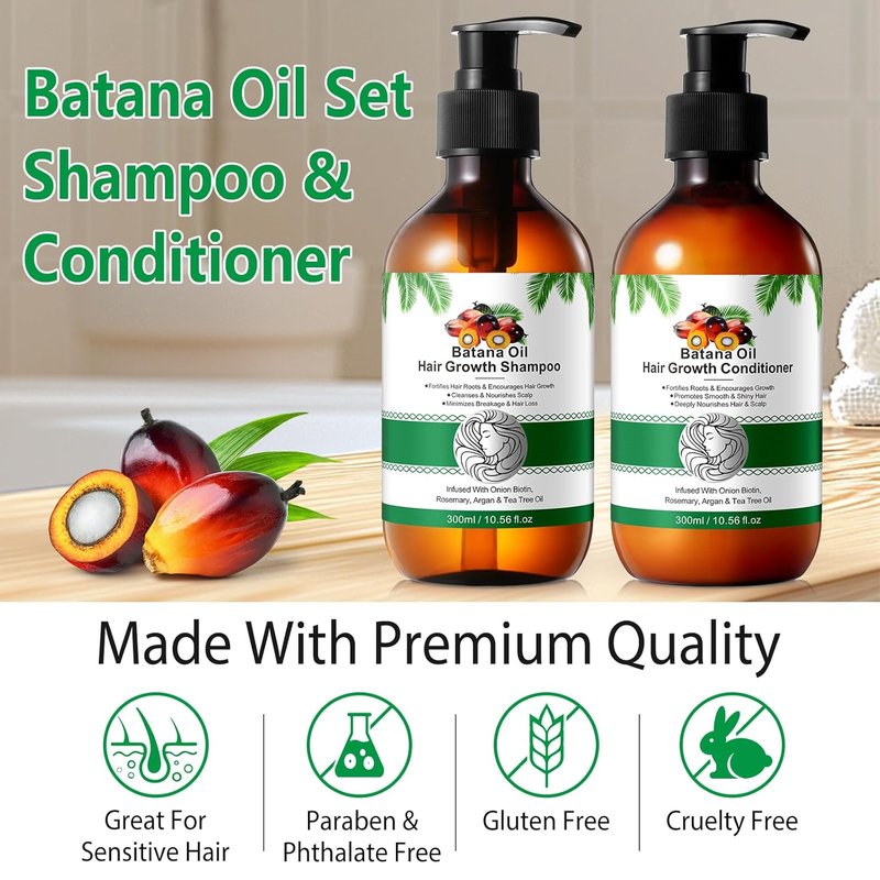 Batana Oil Shampoo & Conditioner Set - Organic Hair Thickening Products for Growth | 2 x 10.56 Fl Oz