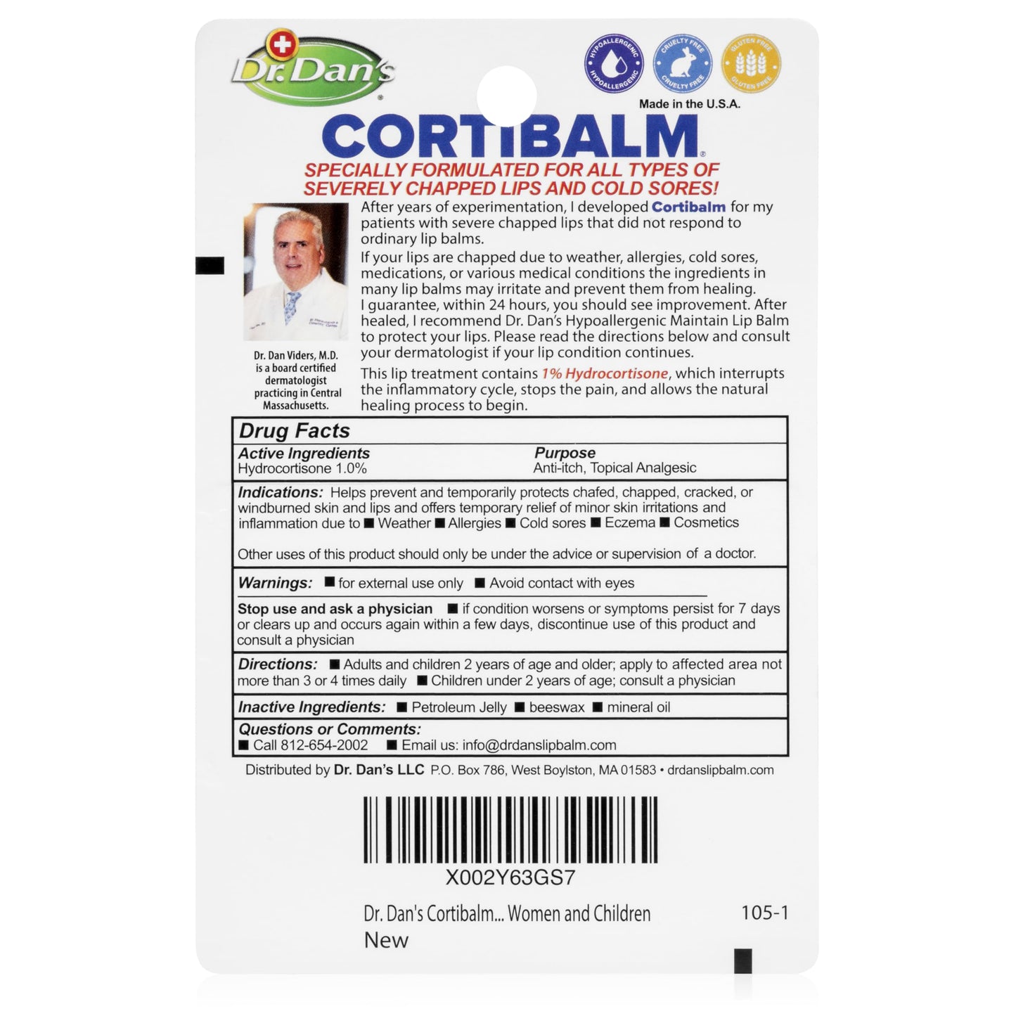 Dr. Dan's Cortibalm - 4 Pack - for Dry Cracked Lips - Healing Lip Balm for Severely Chapped Lips - Designed for Men, Women and Children
