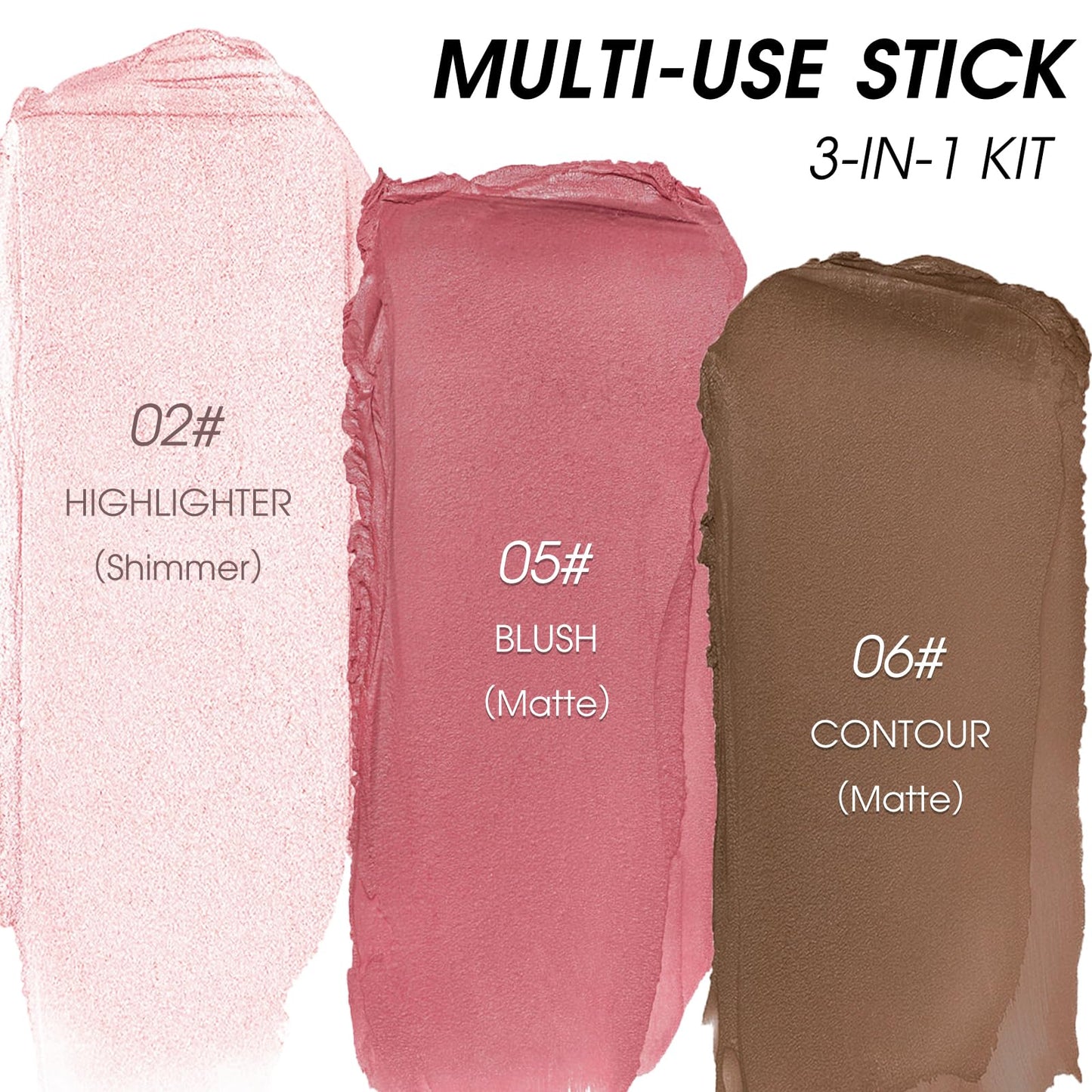 LSxia 3Pcs Cream Contour Kit - Cream Blush, Highlighter, Contour Bronzer for Cheeks, Waterproof Long Lasting Blendable, Contour Stick Trio for Face Makeup (#02, 05, 06)