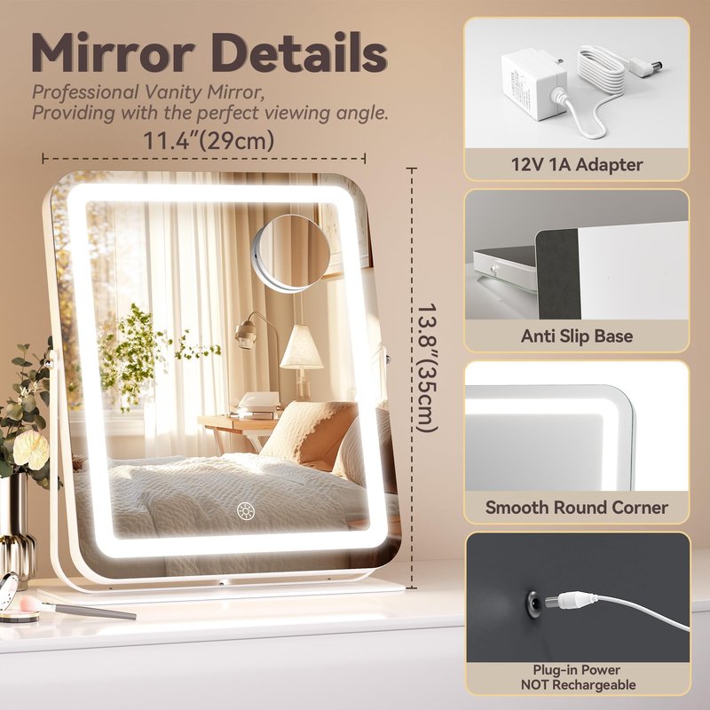 Hasipu Makeup Vanity Mirror with Lights, 12" L x 14" W LED Tabletop Make up Mirror for Desk, Lighting & Brightness Adjustment, 360°Rotation, 10x Magnification