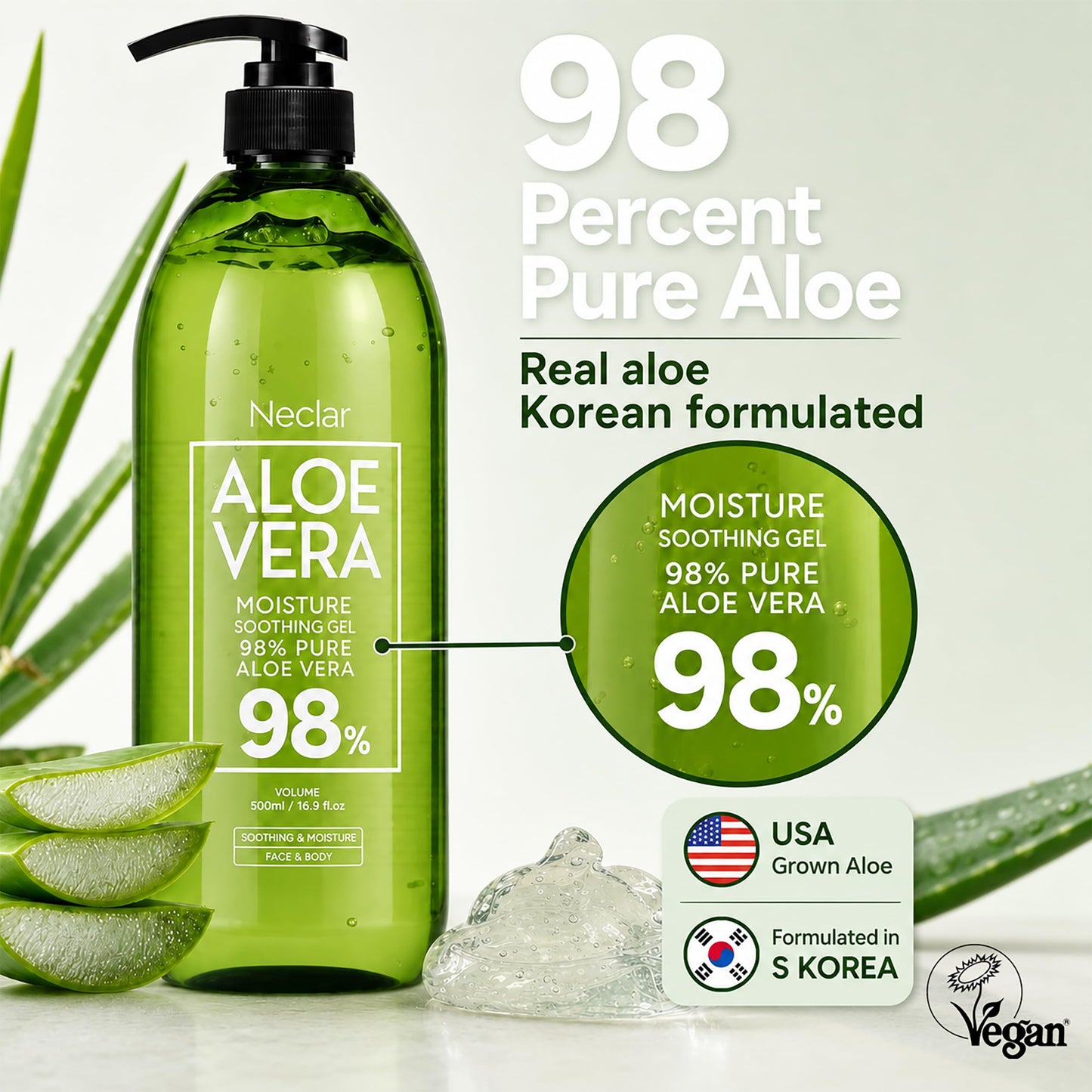 Neclar 98% Pure Aloe Vera Gel for Sunburn Relief - Big 16.9 oz / 500ml - Korean After Sun Care lotion For Face, Skin and Hair - Sun Burn Moisturizer Cream (16.9 Fl oz)