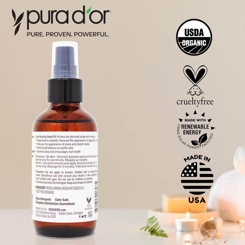 PURA D'OR ORGANIC Rosehip Seed Oil Hair Relaxer (4 Oz x2 = 8 Oz) 100% Pure Cold Pressed USDA Certified All Natural Anti-Aging, Scar Treatment, Gua Sha Massage, Face, Hair & Skin - Women & Men
