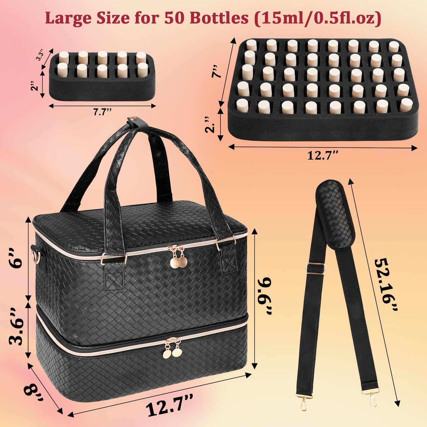 SIYNPAV Nail Polish Organizer Bag Holds 50 Bottles (15ml/0.5 fl.oz)& Nail Lamp, Vegan Leather Nail Kit Storage Case with Holder Staps, Portable Nail Supplies Organizer for Manicure Tools (Black)