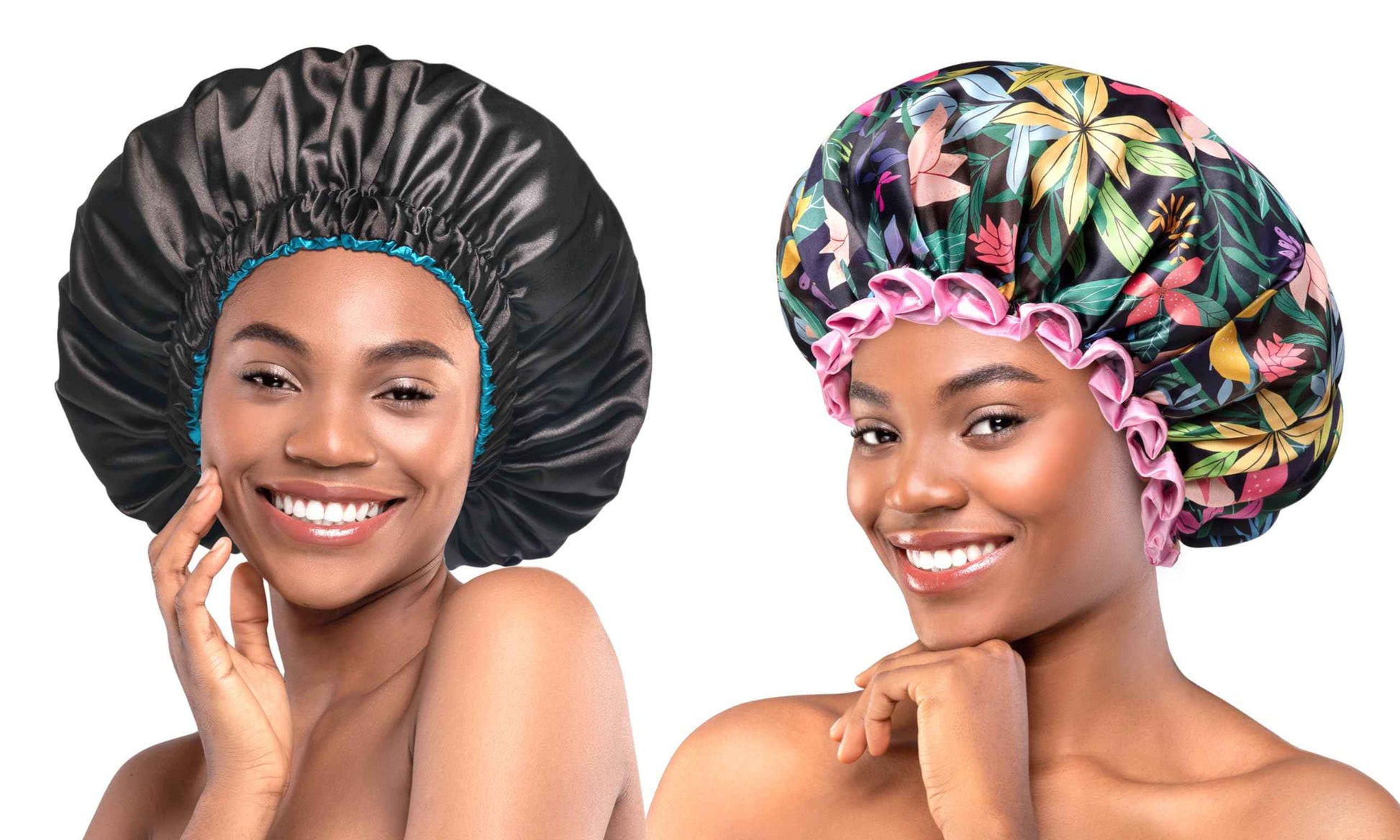 mikimini Black Satin Bonnet for Sleeping + Rainforest Bath Shower Cap with Pink Lace