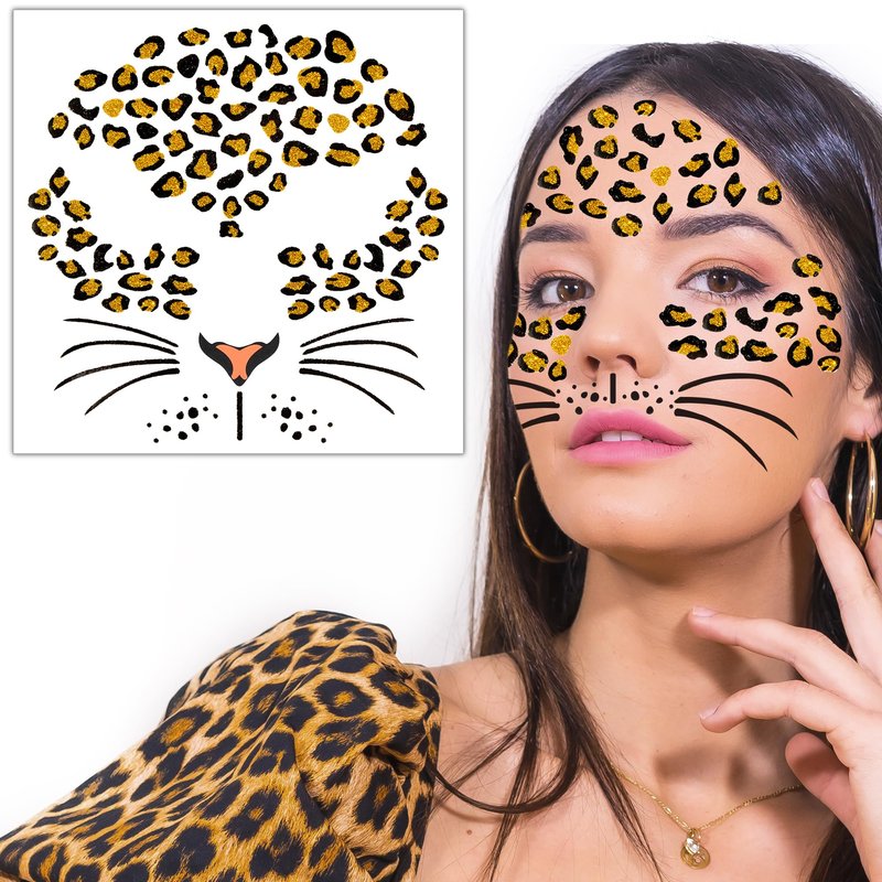 Leopard Face Tattoos, Glitter Cheetah Cat Leopard Tattoos Face Stickers, Cheetah Costume for Adult Women, Halloween Animal Costume Stickers Party Supplies
