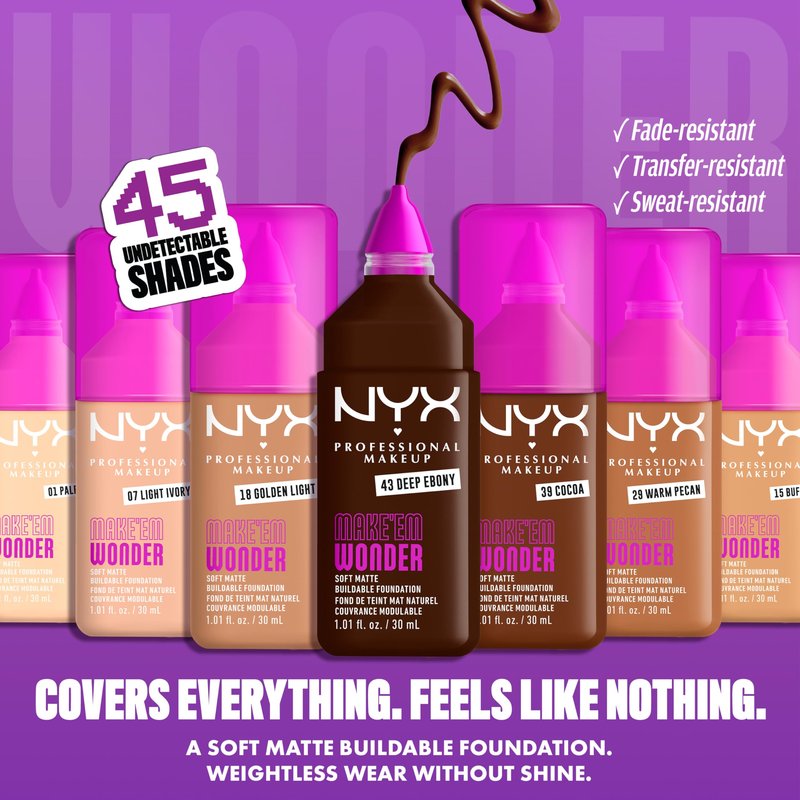 NYX PROFESSIONAL MAKEUP Make 'Em Wonder Liquid Foundation, 24HR Foundation Makeup With A Soft Matte Finish, Buildable Full Coverage - 12 Natural