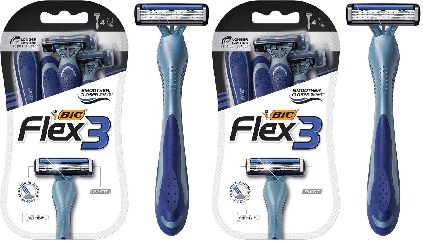 BIC Flex 3 Men’s Disposable Razors With 3 Blades, For a Smooth and Comfortable Shave, 4 Piece Razor Kit for Men (Pack of 2)