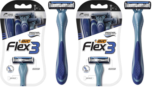 BIC Flex 3 Men’s Disposable Razors With 3 Blades, For a Smooth and Comfortable Shave, 4 Piece Razor Kit for Men (Pack of 2)