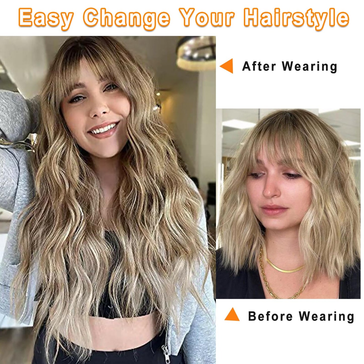 Vomella Dirty Blonde Wig with Bangs 26 Inch Long Curly Wavy Wigs for Women Natural Looking Synthetic Heat Resistant Wig for Daily Party Use