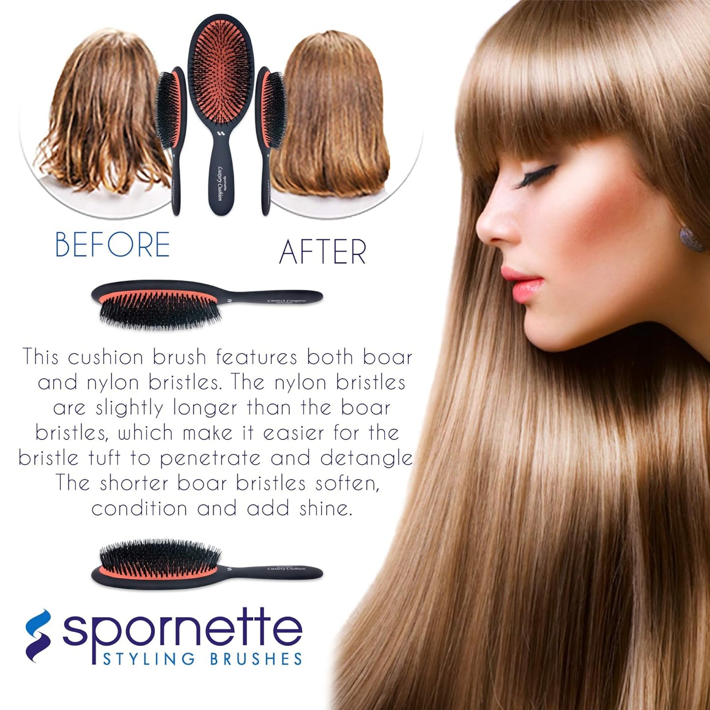 Spornette Boar Bristle Hair Brush - Small Oval Vented Cushion Brush for Styling | Reduces Breakage, All Hair Types