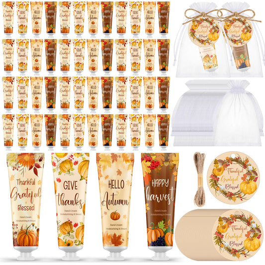 Leelosp 48 Sets Thanksgiving Fall Hand Cream Set Mini Pumpkin Hand Lotion with Tag and Organza Gift Bags Fall Gifts Set for Dry Cracked Hands Autumn Thanksgiving Baby Shower Party Favors
