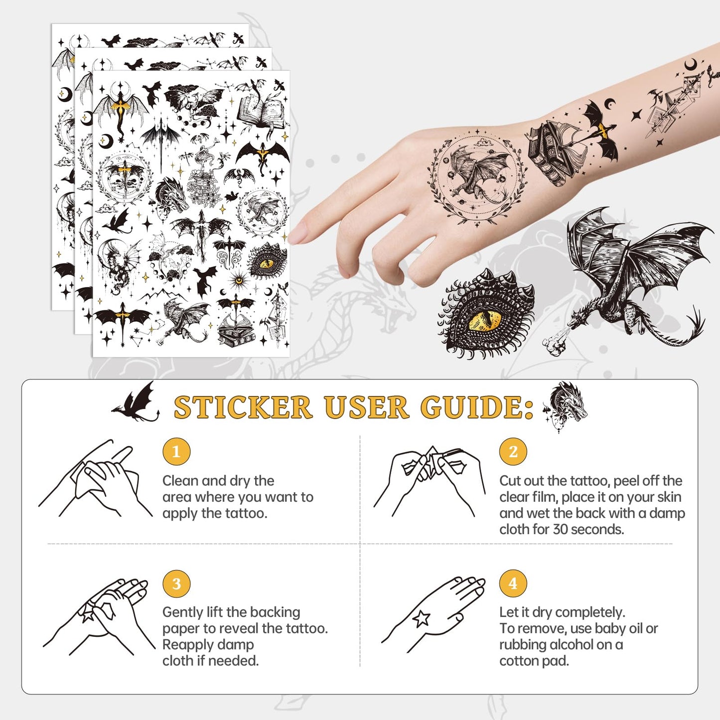 Black Wings Dragon Temporary Tattoos - 200+ Dragon Birthday Party Decorations Favors Supplies Dark Mysterious Ancient Animals Tattoo Stickers for Kids Boys Girls Dragons Goodie Bags Fillers Gifts