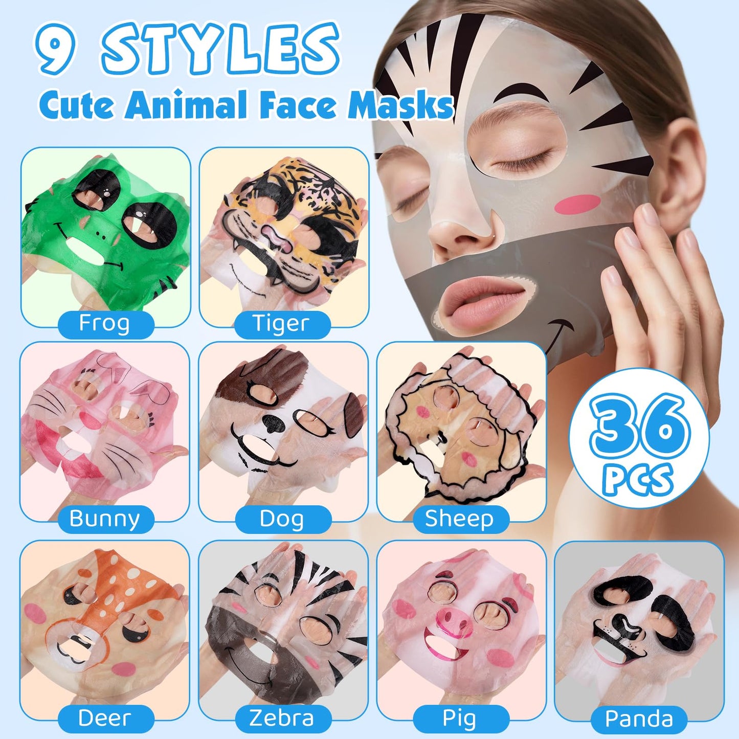KONEUK 36 Pack Cute Animal Kids Face Mask, Sheet Collagen Moisturizing Face Mask for Girls Teens, Sleepover Party Supplies, Bulk Spa Party Gifts and Birthday Gifts