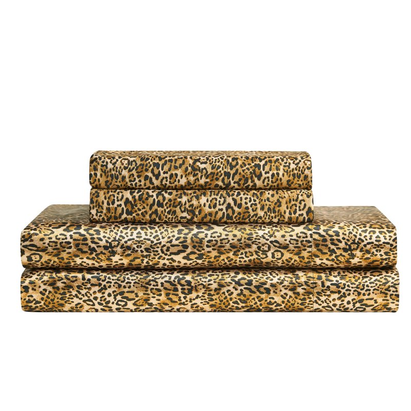 Juicy Couture Queen Size Satin Bed Sheet Set, Deep Pocket Silky Queen Sheet Set with 1 Fitted Sheet, 1 Flat Sheet, 2 Pillowcases, Wrinkle Resistant and Anti Pilling Bed Sheets - Monica Leopard