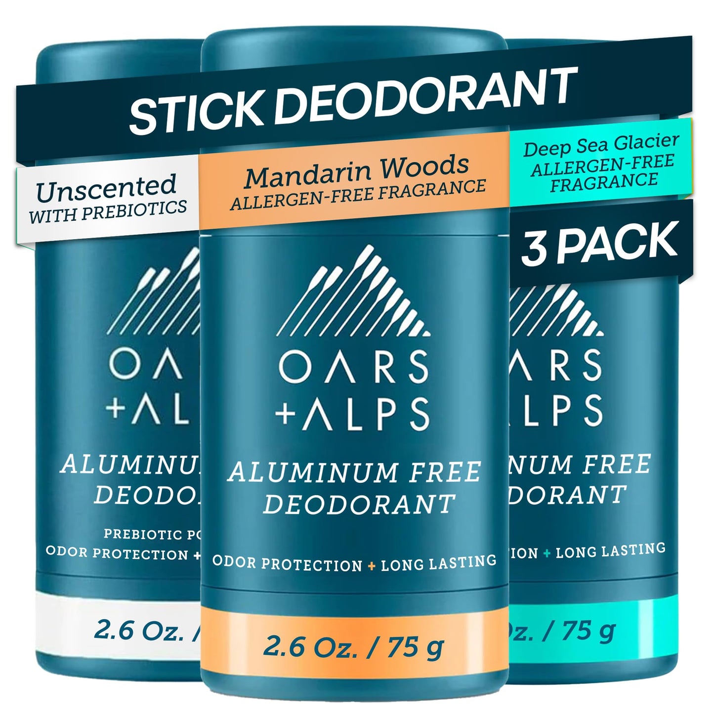 Oars + Alps Aluminum Free Deodorant for Men | Long Lasting Odor Protection, Clear & Free of White Residue, Anti-Chafing Smooth Glide, Dermatologist Tested, Allergen-Free Variety Pack, 3pk, 2.6oz
