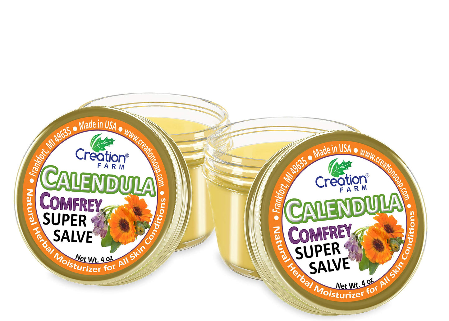 Calendula Comfrey Super Salve by Creation Farm, Herbal Balm, Moisturizer, and Ointment with No Gluten, Soy, GMO or Parabens, Made in USA Comforts many issues.
