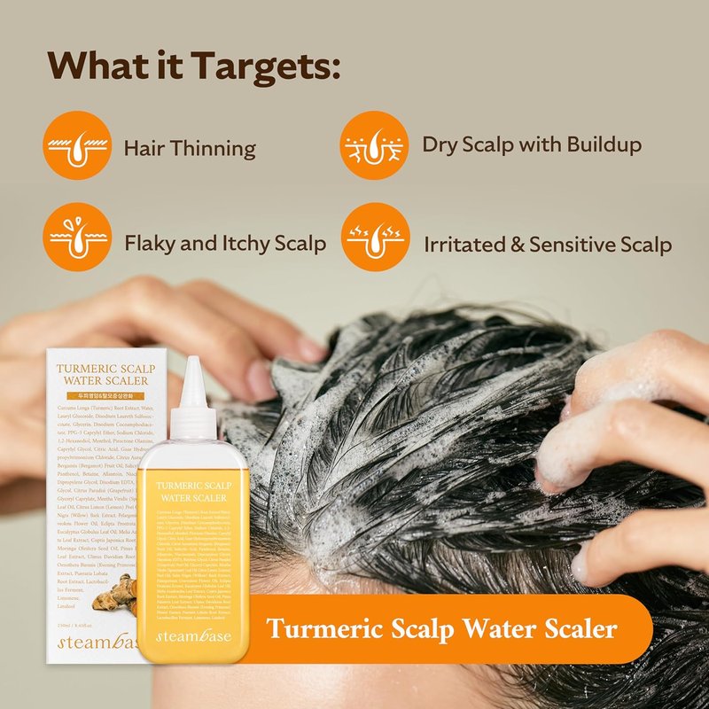 Turmeric Scalp Water Scaler - Exfoliator for Itchy Dry Scalp & Thinning Hair | Korean Hair Care, 8.45 fl oz