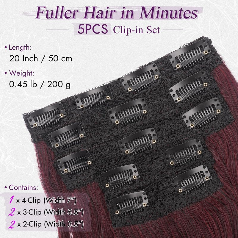 BARSDAR Dark Burgundy Clip in Hair Extensions - 20 Inch Loose Wavy Clip in Hair Extensions for Women, 5 PCS Layered Red Extension Lace Weft Voluminous Soft Synthetic Burgundy Hairpieces