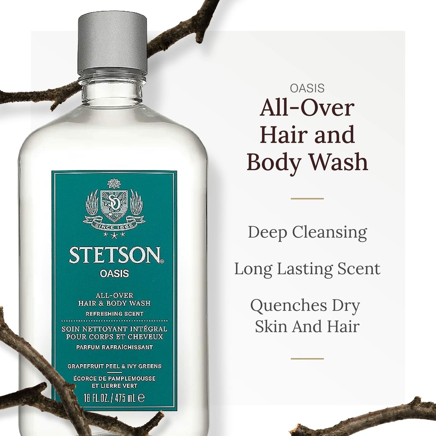 SCENT BEAUTY STETSON Personal Care All Over Hair & Body Wash Moisturizing Body Wash & Shampoo - 16 oz - 3 Pack - Oasis