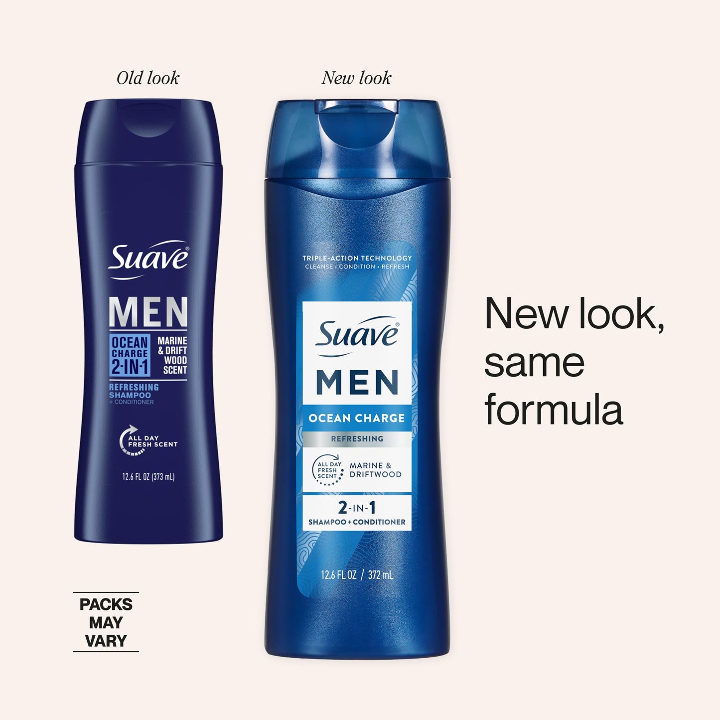 Suave Men Ocean Charge 2 in 1 Refreshing Shampoo & Conditioner with Pro Vitamin B5, Hydrates & Revitalizes Hair, Ocean Fresh Scent, 6 Count, 12.6 FL OZ