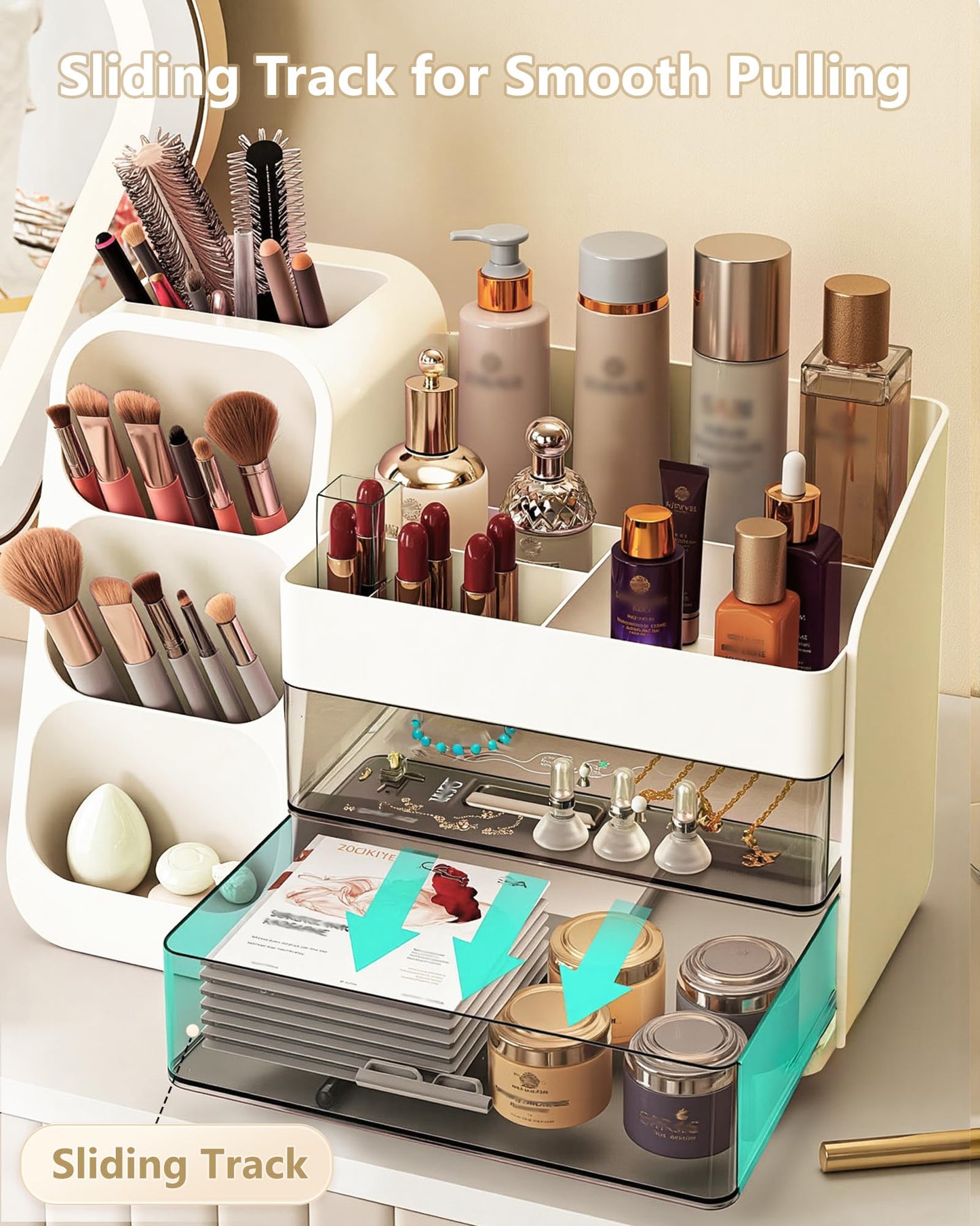 Anylady Large Capacity Makeup Organizer Countertop with Makeup Brush Holder for Vanity, Thickened Material, Bathroom Countertop Organizer Skin Care Perfumes Storage, Teen Girl Gifts for 13-25 Year
