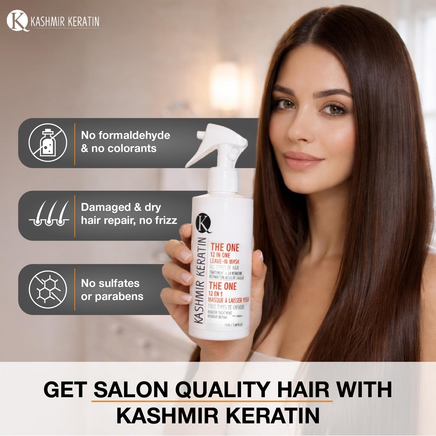 Kashmir Keratin THE ONE Leave In Conditioner 12-in-1 Hair Treatment Spray (3.38 Fl Oz) Detangles, Smooths Frizz,Adds Shine & Hydration for Dry Damaged Hair, Lightweight Keratin Care for All Hair Types