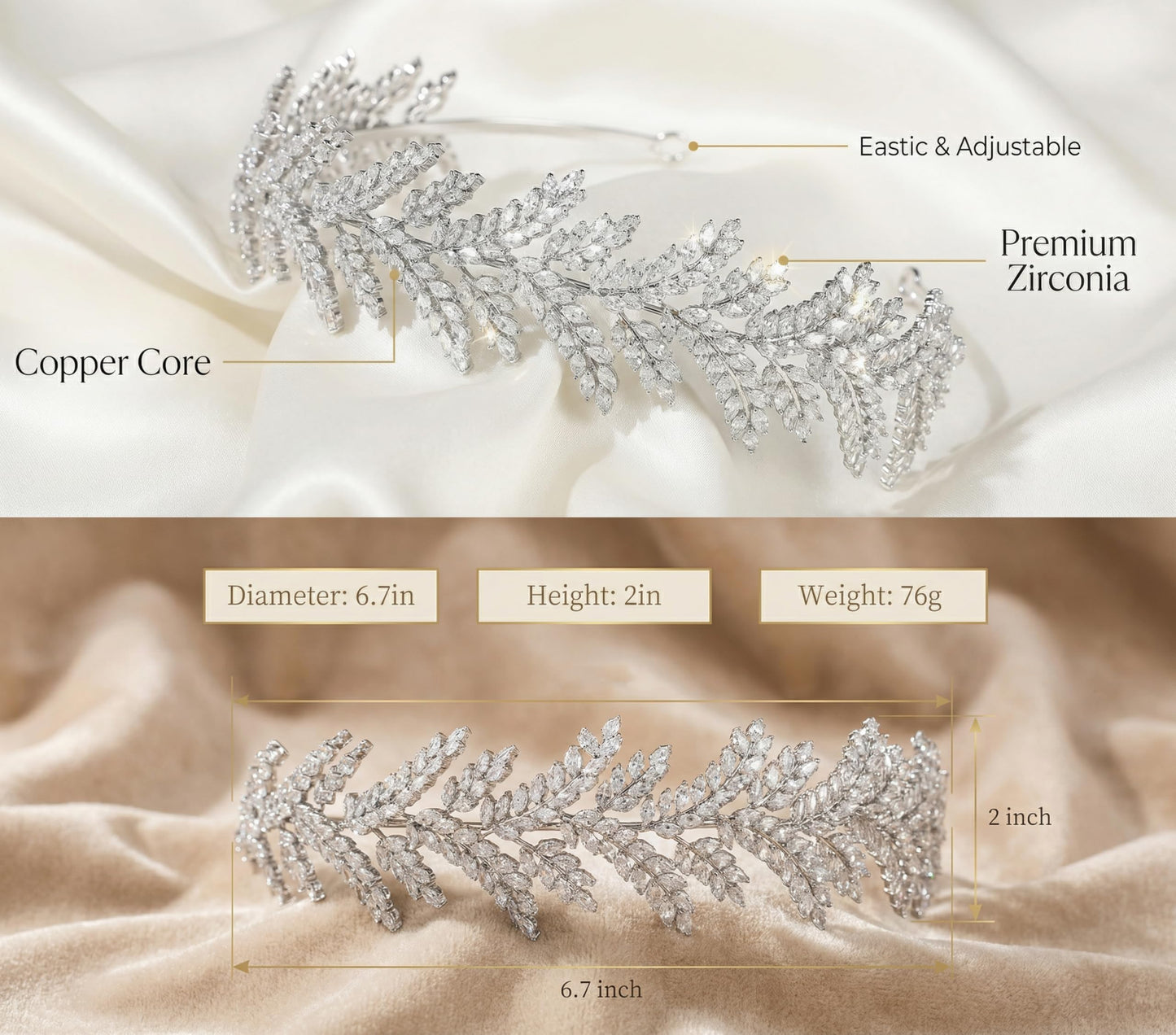 QXMYOO Wedding Headpiece for Bride Cubic Zirconia Wheat-Inspired Bridal Headband Flexible Silver Head Piece Hair Accessories