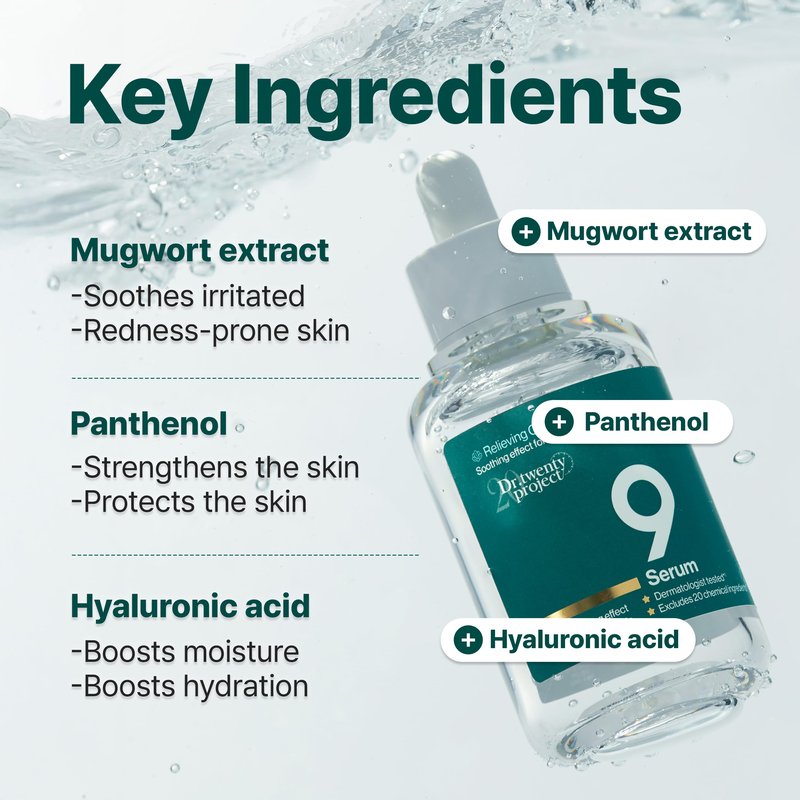 Dr.twentyproject 9 Serum for Calming, Hydrating, and Barrier-Strengthening with Mugwort Extract for Sensitive Skin - Redness-Reducing, Glowing, Deep Moisturizing - Korean Skin Care (50ml / 1.69 fl oz)